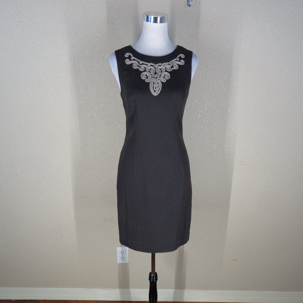 Ann Taylor Size 4 Linen Blend Rayon Dress Brown Embroidered Sheath Dress